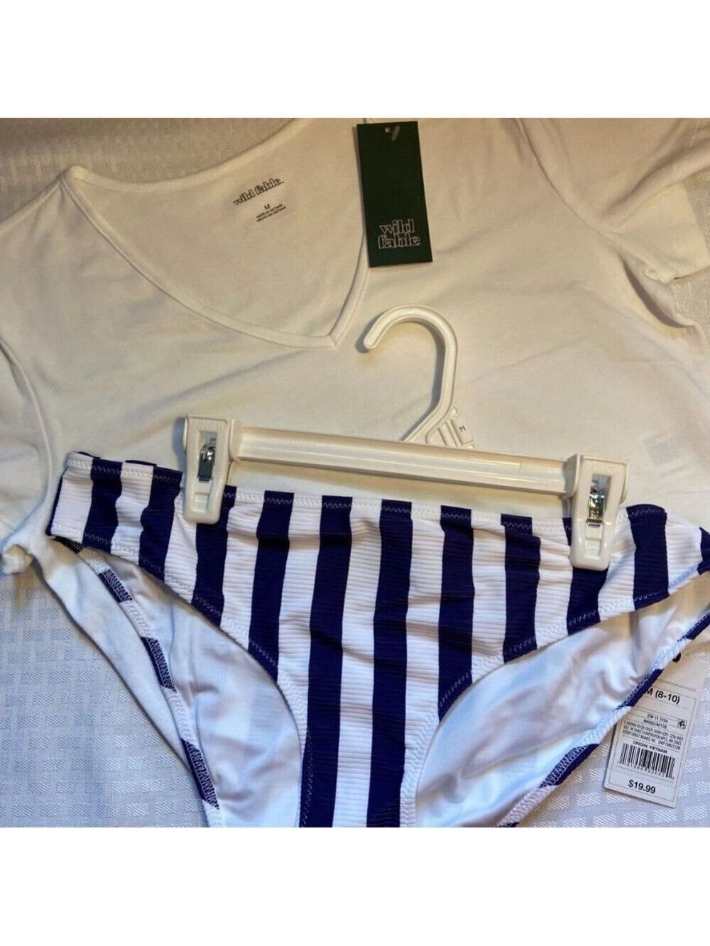 Shade & Shore Navy/White Striped Bikini Cheeky Bottoms Medium & Shirt NWT Medium